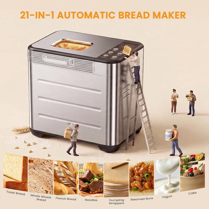 Nextay 2lb Bread Machine, 21-in-1 Automatic Bread Maker with Stainless Steel Bread Maker with 360° Even Baking, Smart Touch Panel & 12-Hour Timer (Silver)