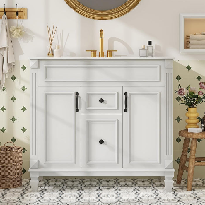Betcozy 36" Bathroom Vanity with Sink, Freestanding Vanity Cabinet with 2 Doors, 4 Drawers, Modern White Wooden Vanity