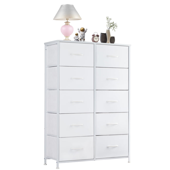 Ethovia 10-Drawer Fabric Storage Dresser, Sturdy Steel Frame with Wooden Tabletop, Wide Foldable Bins, Perfect for Bedroom, Hallway, and Entryway, White