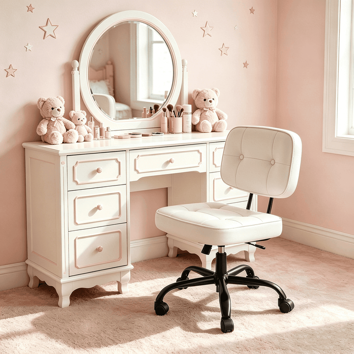 Blorly Armless Vanity Chair for Makeup Room, Small Desk Chair with Tufted PU Leather, Adjustable Height Rolling Computer Chair for Home Office & Dorm, Beige