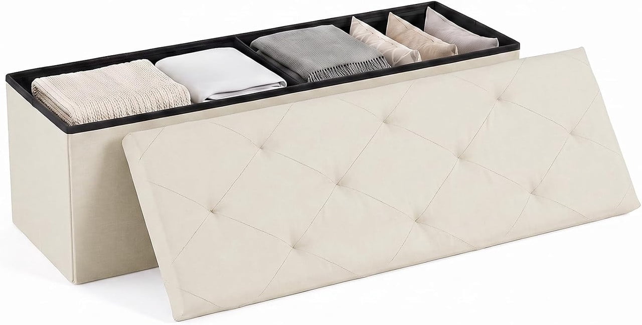Simenmax 43-Inch Folding Storage Ottoman Bench, Linen Foot Rest Stool with Padded Seat, Heavy-Duty Bedroom Bench for Living Room, Entryway, or Home Office,Beige