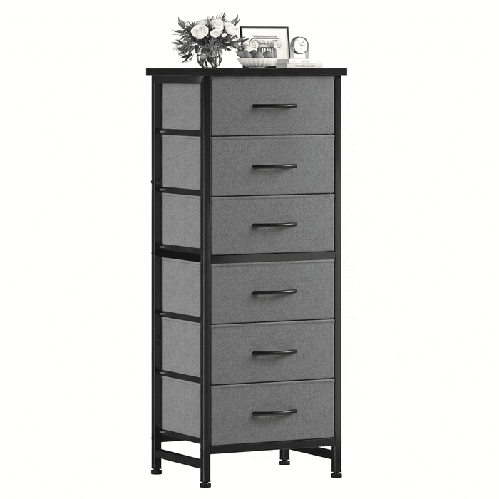 Betcozy 6-Drawer Tall Storage Dresser, Classic Bedroom Dresser for Clothes & Nursery Organization, Stable Metal Frame, Wooden Top, Gray