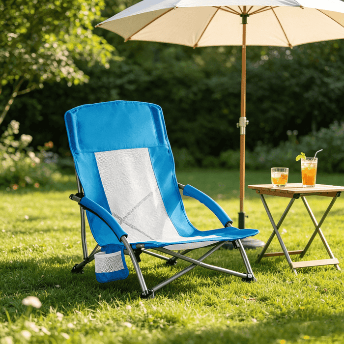 Taoset Low Profile Camping Chair, Breathable Mesh Folding Beach Chair, Lightweight Portable Concert Chair with Cup Holder & Armrests for Outdoor Events, Picnic, Lawn & Sand, Blue
