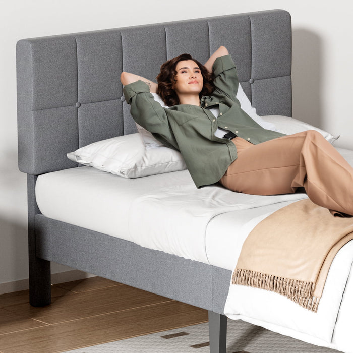 Bed Frame with Adjustable Upholstered Headboard,Wooden Platform Bed Frame