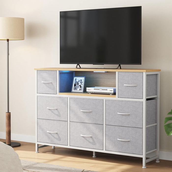 Bigleap LED TV Stand with Charging Station, Music-Sync Light Up Entertainment Center, 8 Fabric Drawer Dresser for Bedroom & Living Room, Light Gray(Fits 45-55 inch TV)