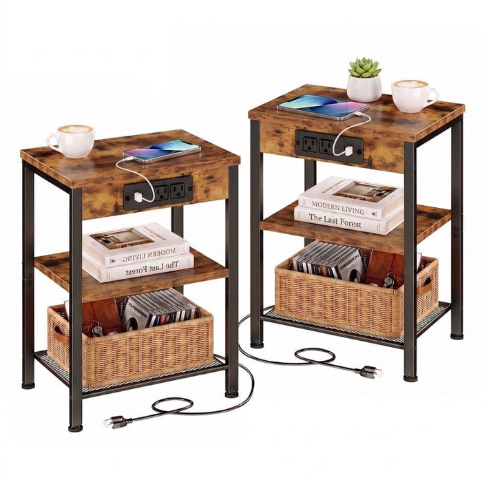 Taoset 3-Tier Smart Side Table with Power Outlet and USB Ports, 2 PCS Charging Nightstands with Mesh Shelf for Bedroom, Living Room, Dorm, and Small Spaces, Rustic Brown