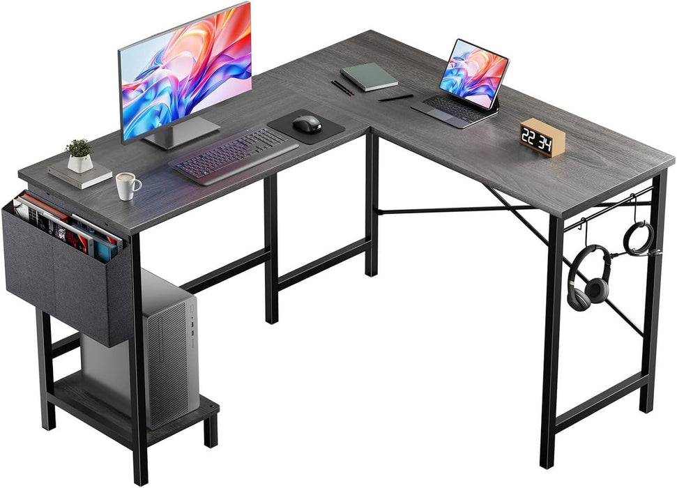 Simenmax Reversible L-Shaped Computer Desk with Storage Bag & CPU Holder, Corner Gaming Workstation, Grey
