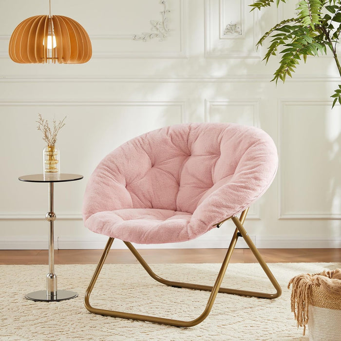 Blorly Accent Chair, Folding Living room Saucer Chair with Faux Fur Padded for Lounge Reading, Metal X-Large, Pink