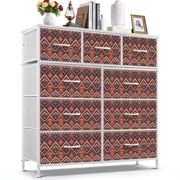 Betcozy 9 Drawers Fabric Dresser with White Metal Frame, Storage Tower for Bedroom, Traditional Geometric Brown