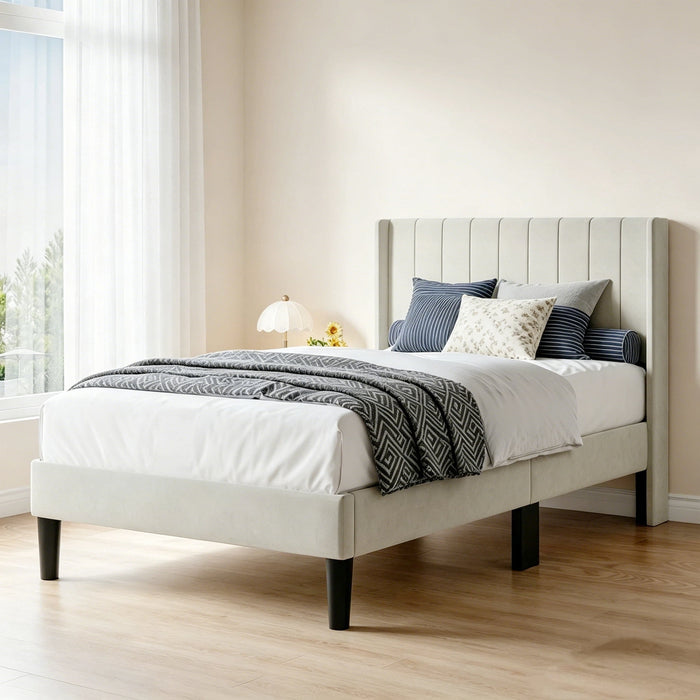 ETHOVIA Twin Upholstered Bed Frame, Wooden Bed Frame with Wing-Shaped Foam Headboard, Under-Bed Storage Space Available, No Box Spring Needed, Beige