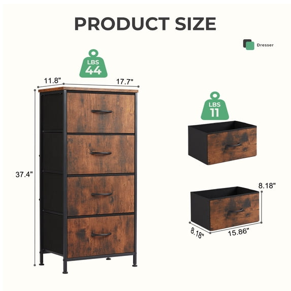Aidoly Dresser, 4 Storage Drawers, Anti-Tip Fabric Closet Chests Organizer Tower Furniture with Wooden Top, Metal Frame