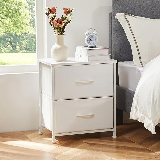 Ethovia 20" Height Bedside Nightstand with 2 Fabric Drawers, Compact End Table with Wooden Top for Bedroom, Dorm Room,White