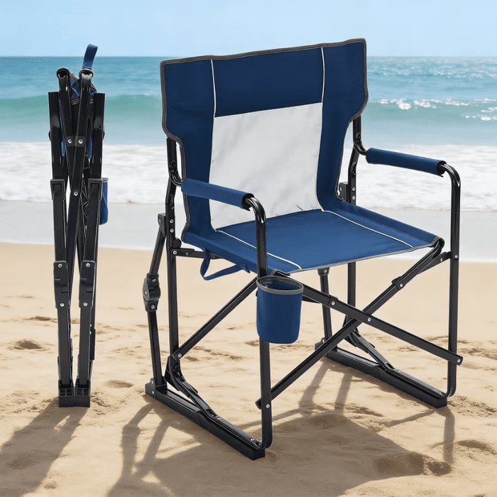 Bigleap Rocker Camping Chair, Portable Folding Rocking Chair with Solid, Durable Armrests, Drink Holder & Comfortable Mesh Backrest — Blue
