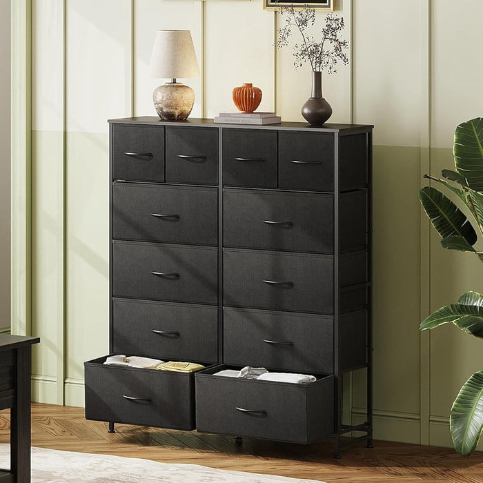 Bigleap 12-Drawer Tall Dresser, Fabric Storage Tower with Steel Frame & Wood Top – Space-Saving Chest for Bedroom, Closet, Entryway,Black