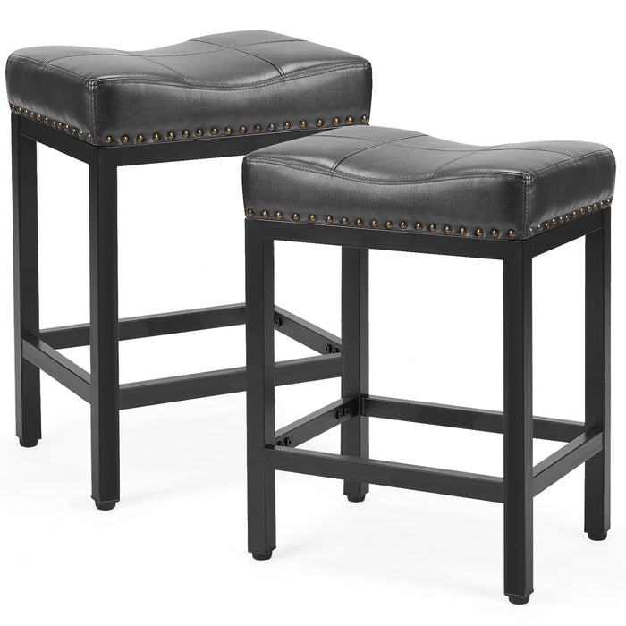 Simenmax PU Leather Bar Stools Set of 2, 24'' Counter Height Stools with Ergonomic Saddle Seat, Modern Metal Frame Kitchen Island Chairs with Footrest, Black