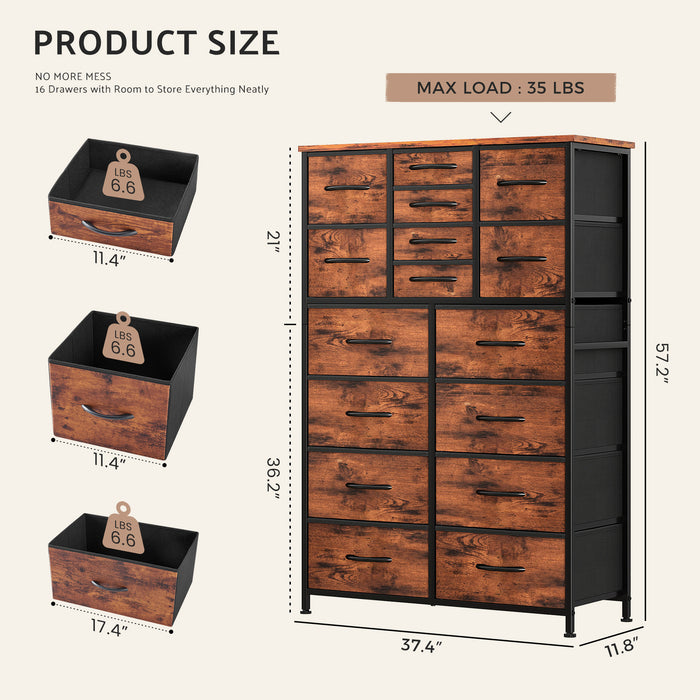 Bigleap 57-Inch Tall Dresser with 16 Fabric Drawers - Sturdy Metal Frame Storage Cabinet for Bedroom, Closet, Entryway,Brown