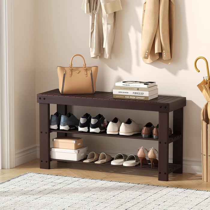Betcozy 3-Tier Entryway Shoe Bench with Storage, Modern Minimalist Wooden Shoe Rack Organizer, Heavy Duty Seating Bench & Utility Shelf for Hallway, Living Room, Bedroom (27", Brown