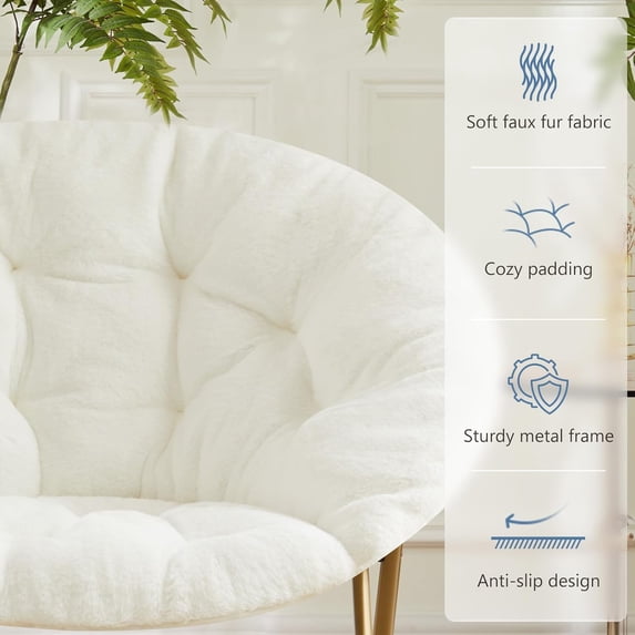 Comfy Saucer Chair, Folding Cozy Faux Fur Accent Seat with Thick Padded and Metal Frame, Single Leisure Chair for Living Room Bedroom