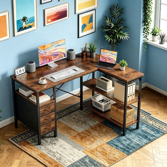 Betcozy 47" Industrial L-Shaped Corner Desk with Charging Station, Wide Desktop for Dual Monitors, Storage Shelves & Drawers for Gaming Bedroom, Rust Brown