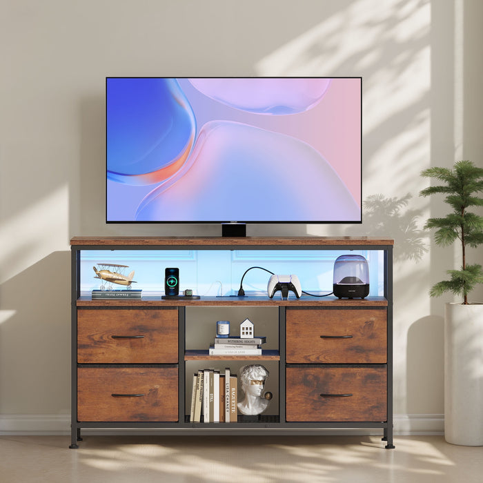 Taoset TV Stand with LED Lights and Power Outlet, Entertainment Center for 45 inch TV, 4 Drawer Fabric Dresser with Charging Station, Modern Gaming Console Table for Bedroom & Living Room, Rust Brown