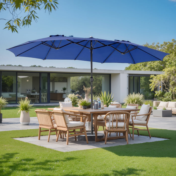 Betcozy Patio Umbrella with Base, 15ft Large Double-Sided Rectangle Umbrella, Outside Market Umbrellas for Deck, Poolside, Backyard, Blue
