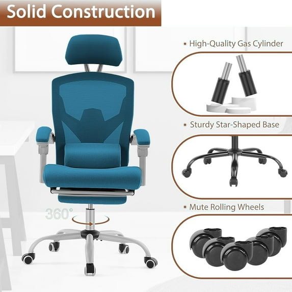 Office Computer Desk Chair, High-Back Ergonomic Mesh Swivel Chair with Lockable Recline, Adjustable Lumbar Support, Retractable Footrest & Padded Arms for Home Office, Study, and Gaming