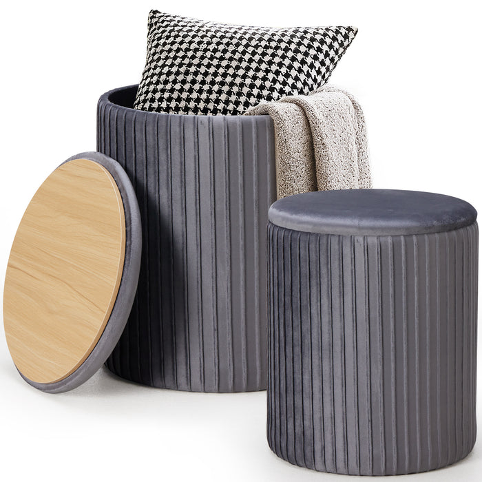 Taoset Storage Ottoman Set of 2, Round Velvet Upholstered Foot Stool with Lift‑Top Hidden Storage, Accent Stool for Living Room Bedroom, Gray