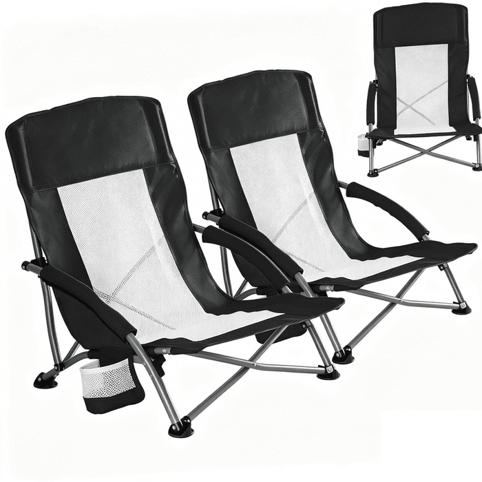 Taoset 2 PCS Low Profile Camping Chair, Breathable Mesh Folding Beach Chair, Lightweight Portable Concert Chair with Cup Holder & Armrests for Outdoor Events, Picnic, Lawn & Sand, Black