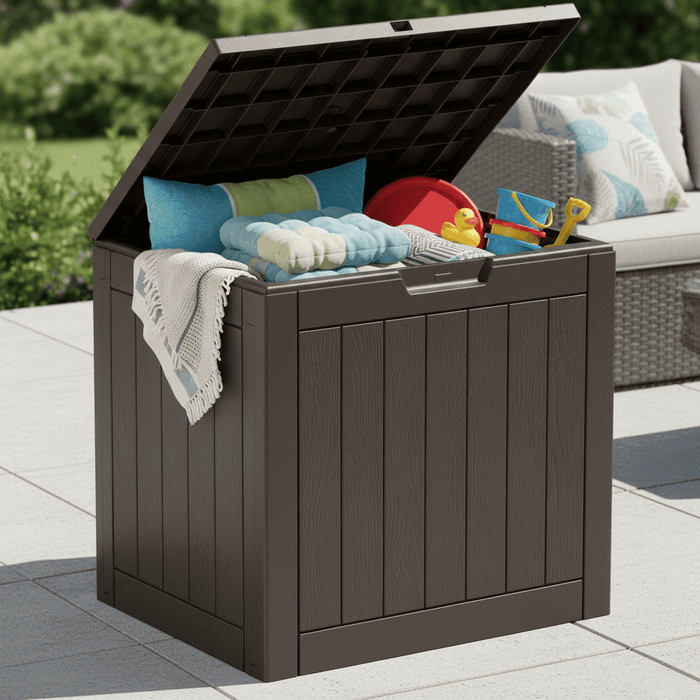Taoset 31 Gallon Outdoor Storage Box, Resin Deck Box, Lockable, Waterproof, Weatherproof, UV-resistant Patio Organizer,Brown