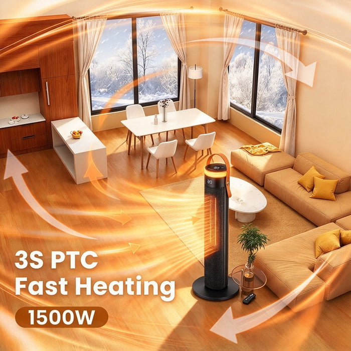 Betcozy 1500W Portable Tower Space Heater with Ambient Light, Carry Handle, Remote Control, 4 Modes, ECO Mode, 15-Hour Timer, Black