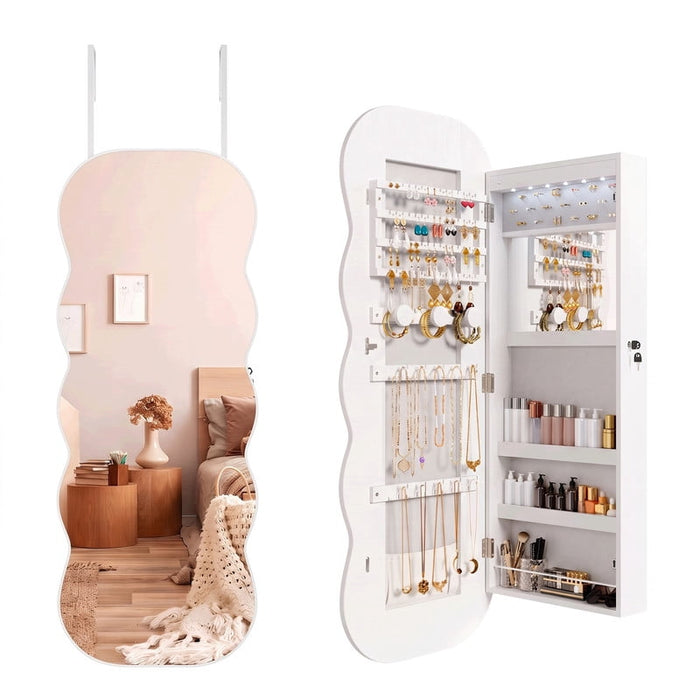 Simenmax 42.5" Wall Mounted Jewelry Cabinet with Full-Length Mirror, Lockable Jewelry Organizer Armoire, Over the Door Hanging Storage with LED Lights, White