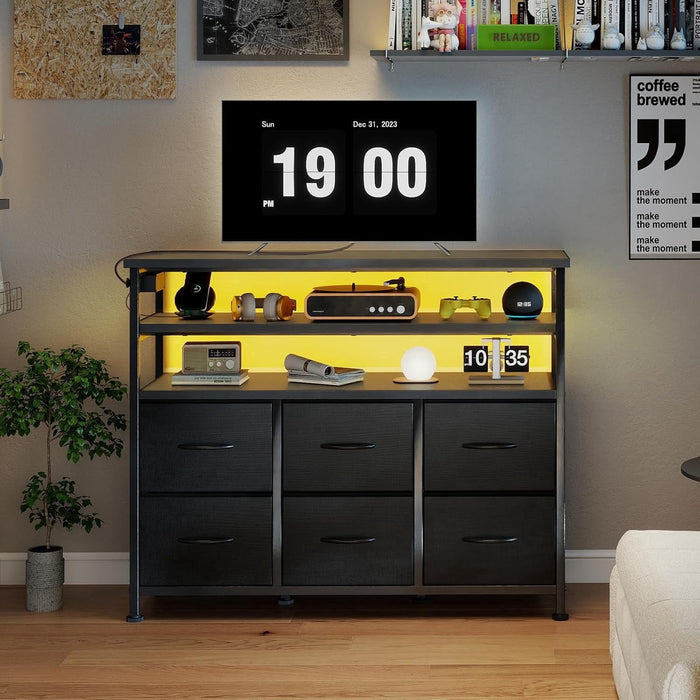 Taoset TV Stand with LED Lights & Power Outlet, 39" Entertainment Center with 2-Tier Open Storage Shelves, 6 Drawer Media Console Table for Living Room, Gaming Station for PS5/Xbox/Switch, Black