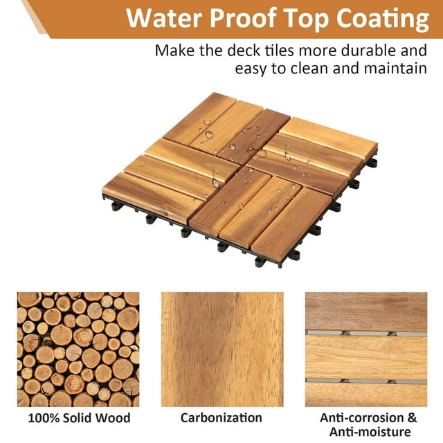 Wood Deck Tiles, 12''x12''(20pcs) Interlocking Acacia Deck Tiles for Garden Porch Indoor Outdoor, Solid Wood Flooring Tiles