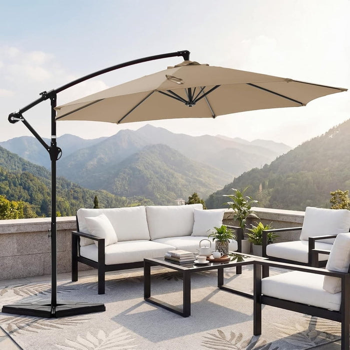 Simenmax 9.8FT Offset Cantilever Umbrella with Base, Patio Hanging Umbrella for Outdoor Shade for Backyard, Pool, Garden (Khaki)