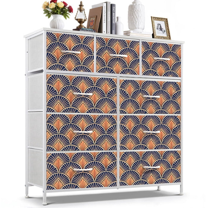 Betcozy 9 Drawers Fabric Dresser with White Metal Frame, Storage Tower for Bedroom, Antique Wave Dark Green