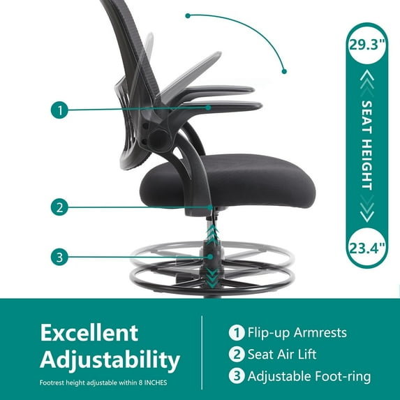 Ergonomic Tall Drafting Chair, Height-Adjustable Office Desk Chair with Fixed Armrests, Lumbar Support, Footrest & Rolling Wheels for Standing Desk