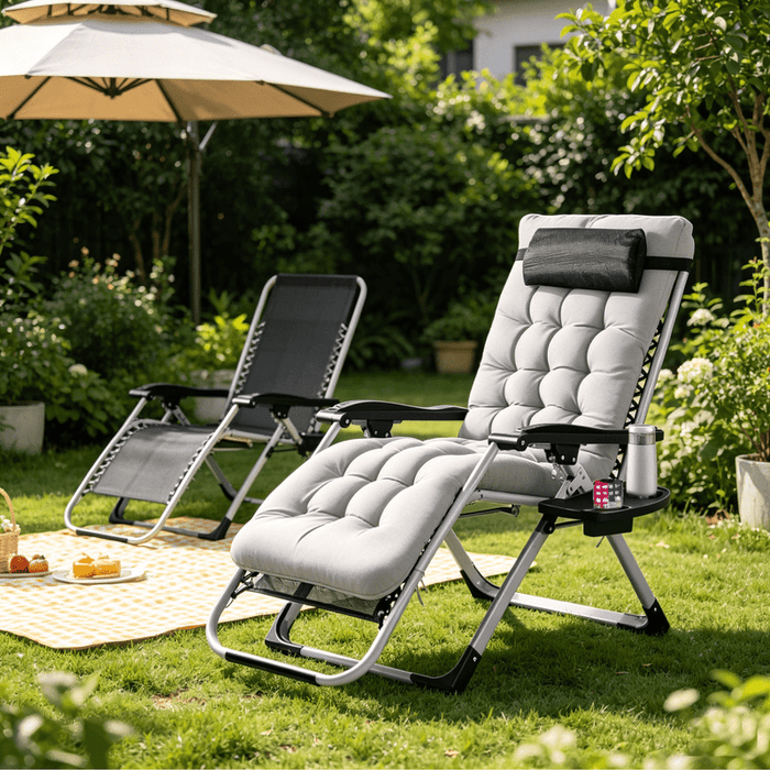 Blorly 2-in-1 Zero Gravity Chair with Removable Padded Cushion, All-Season Mesh Lounge Chair & Detachable Soft Pad Set, Heavy Duty Outdoor Recliner with Side Tray & Adjustable Headrest, Gray