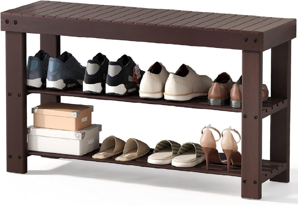 Bigleap 3-Tier Bamboo Shoe Rack Bench, Entryway Storage Organizer for Hallway, Bedroom, Balcony, Small Spaces,Brown,11.3''x 35.4'' x 17.8''