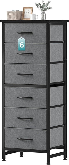 Simenmax 6-Drawer Dresser with Removable Bins, Slim Storage Tower with Sturdy Steel Frame, Fabric Chest of Drawers for Bedroom, Closet, Entryway, Gray