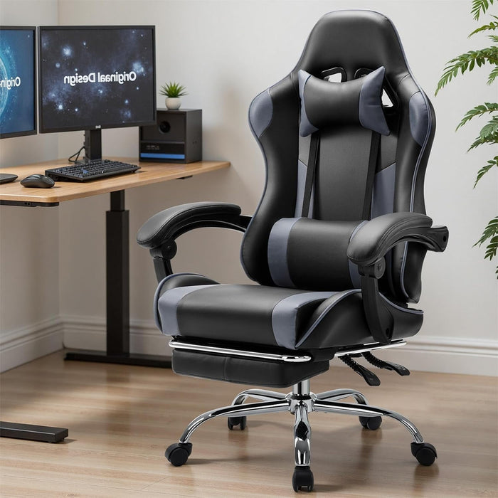 Betcozy Gaming Chair, Ergonomic Computer Chair with Footrest, Lumbar Support, Headrest, Comfy Seating with thicken cushion, Gray