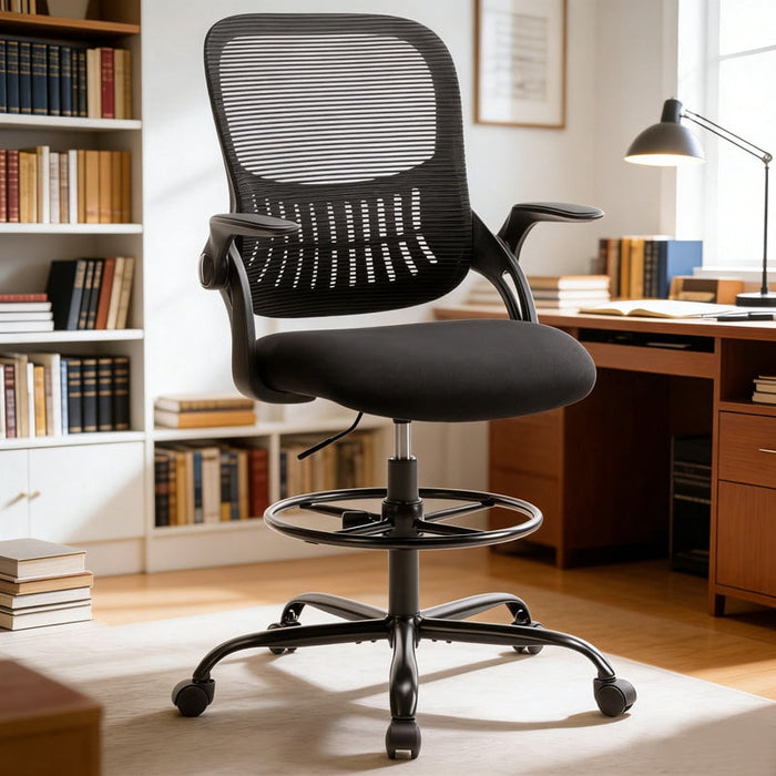 Simenmax Ergonomic Office Chair with Flip-Up Arms, Breathive Mesh Computer Desk Chair for Small Spaces, Home Office Task Chair with Storable Lumbar Support & Rocking Function, Black