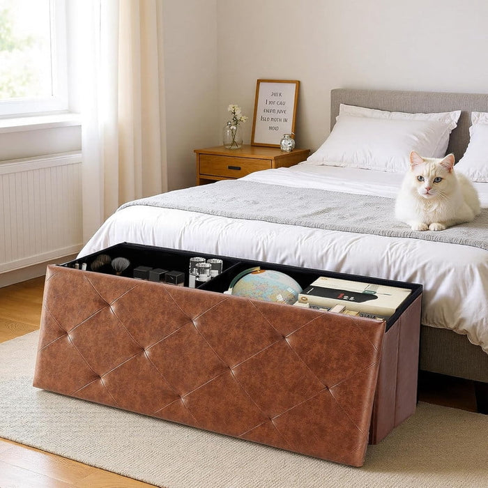 Nextay 43" Folding Storage Ottoman Bench, PVC Fabric Footrest Stool with Hidden Storage, Brown