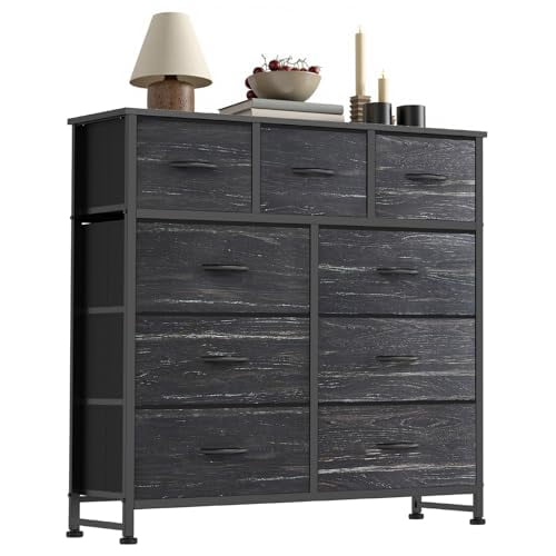 Betcozy Dresser, Storage Organizer with 9 Drawers for Bedroom, Chest of Drawers with Fabric Bins, Sturdy Metal Frame, Wood Tabletop for Guest Room, Closet, Entryway, Nursery, Black