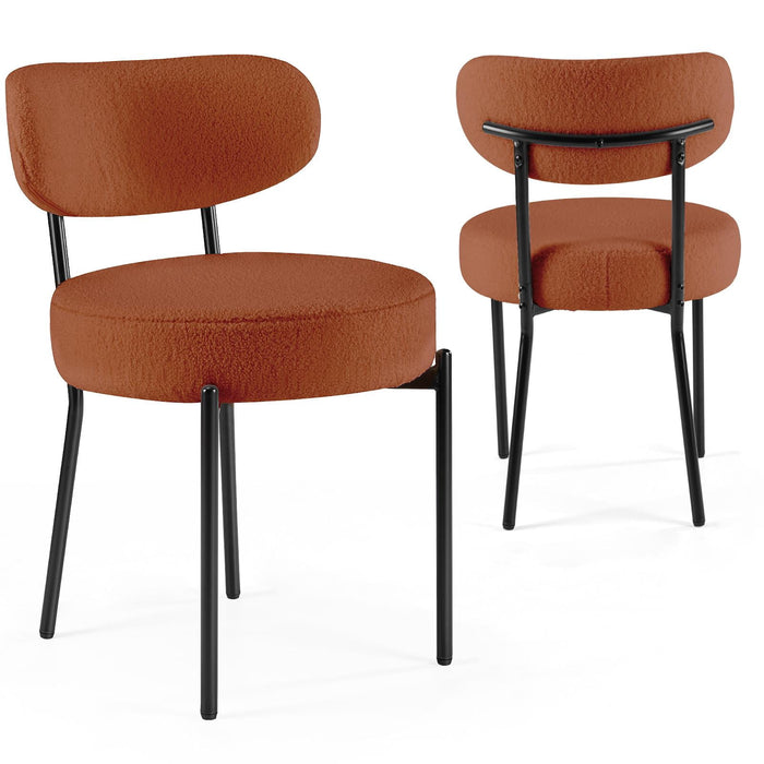 Boucle Dining Chairs Set of 2, Modern Upholstered Kitchen Chairs with Curved Backrest and Metal Legs, Orange