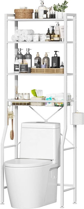 Simenmax Over-The-Toilet Storage Rack, 4-Tier Bathroom Organizer with Adjustable Shelves, Space-Saver Shelf Unit with Paper Holder & Hooks, White