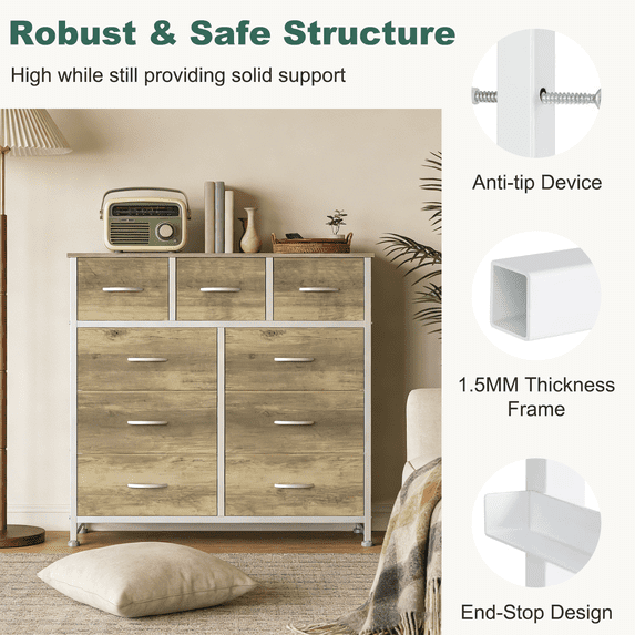 Aidoly 9-Drawer Dresser with Wooden Top, Adjustable Feet, Sturdy Metal Frame Dressers for Bedroom, Living Room