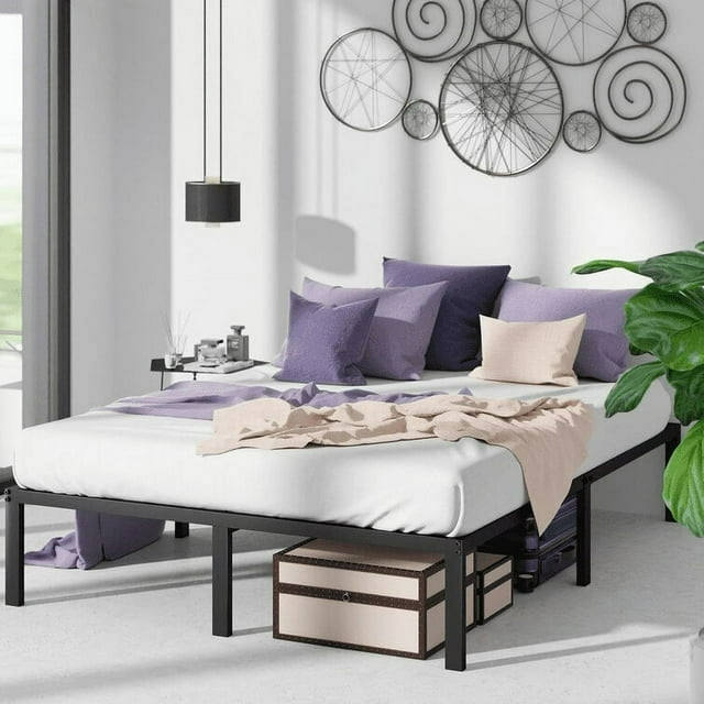 Queen Size Platform , Black Heavy Duty Metal Bed Frame with Under Bed Storage Space