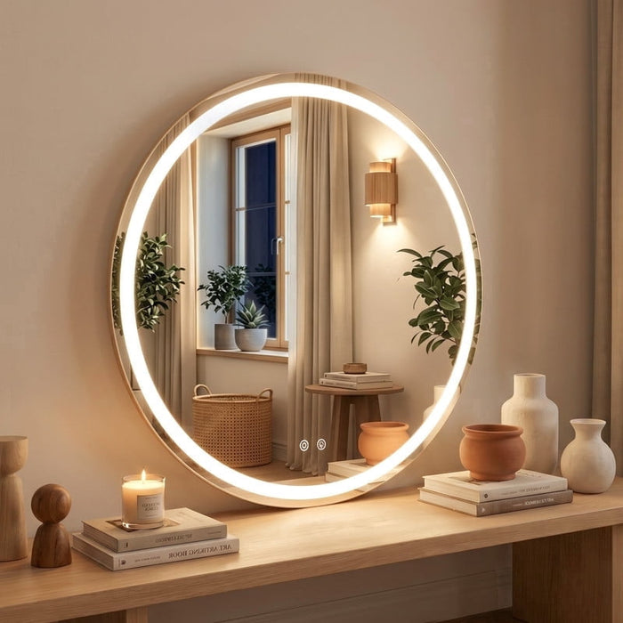 Taoset Bathroom Mirror with LED Light, 28 inch Round Circle Vanity Wall Mirror for Living Room, Bedroom