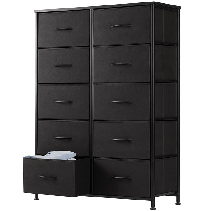 Ethovia 10-Drawer Fabric Storage Dresser, Sturdy Steel Frame with Wooden Tabletop, Wide Foldable Bins, Perfect for Bedroom, Hallway, and Entryway, Black