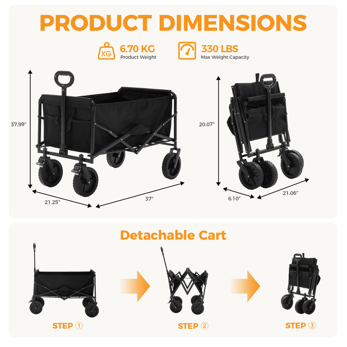 Foldable Wagon Cart, with All-terrain Wheels, Collapsible Wagon Utility Cart for Grocery Shopping, Camping, Fishing, Travel, Beach, Heavy Duty